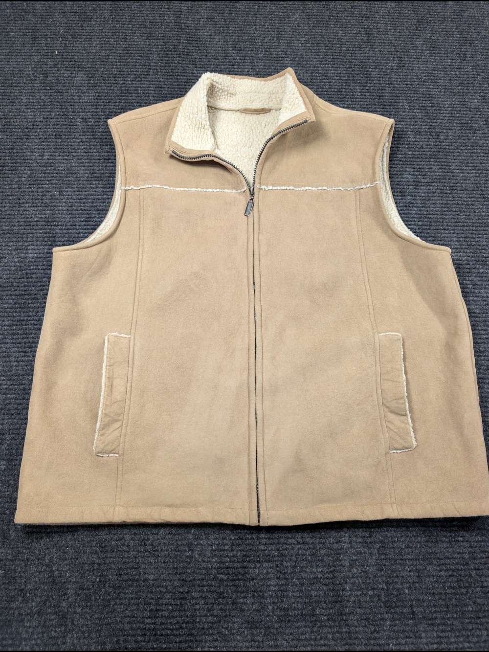 Van Heusen Faux Suede Sherpa-Lined Full-Zip Vest - Tan - Size L